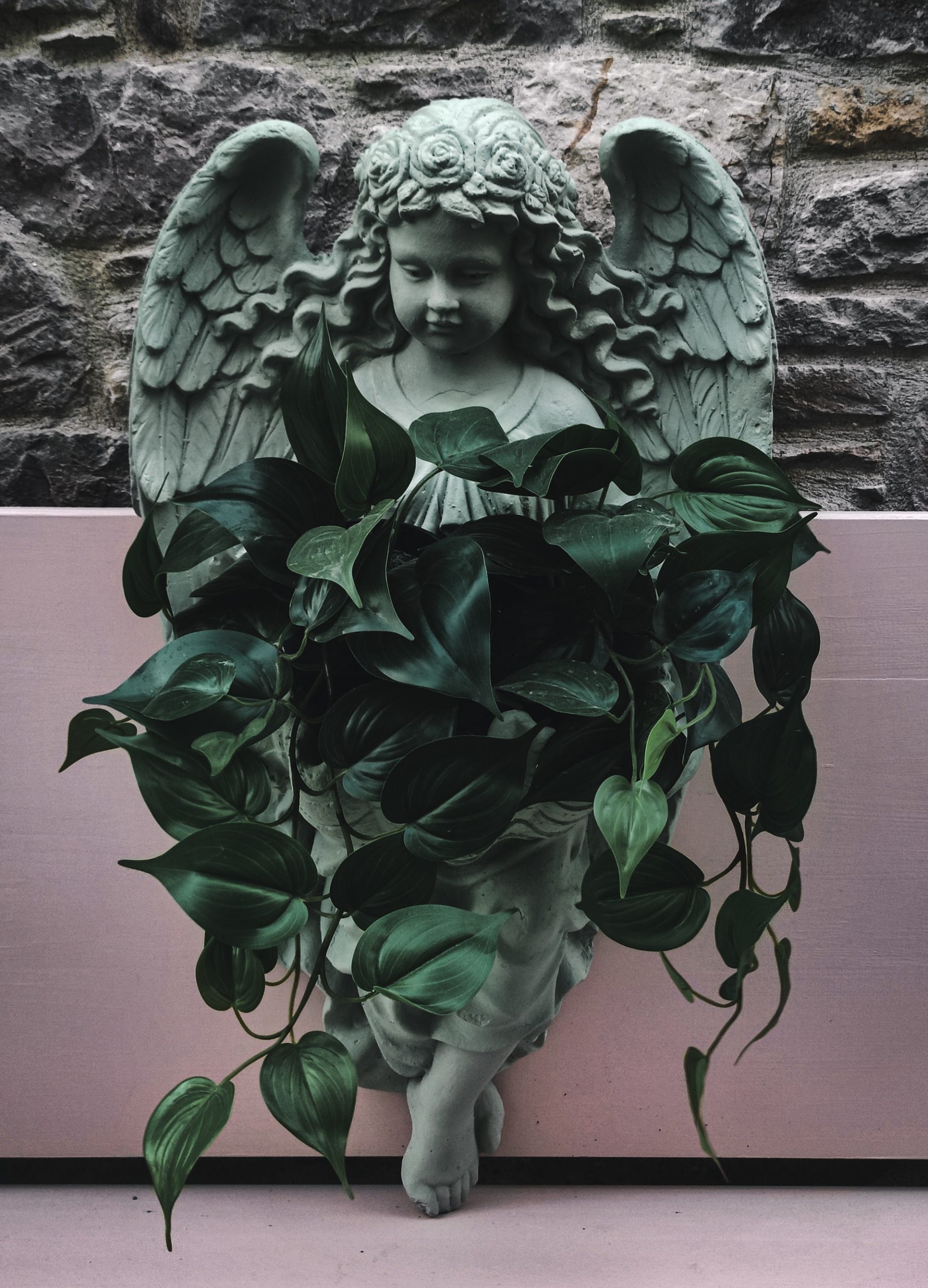 Statue with angel plant